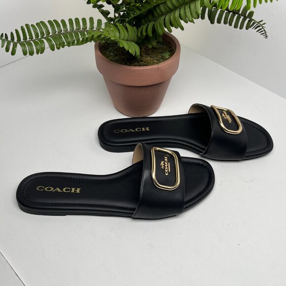 Coach Evy Black Leather Slide Sandals Gold Logo Plaque Women’s 9B Slip with Box - Picture 6 of 13